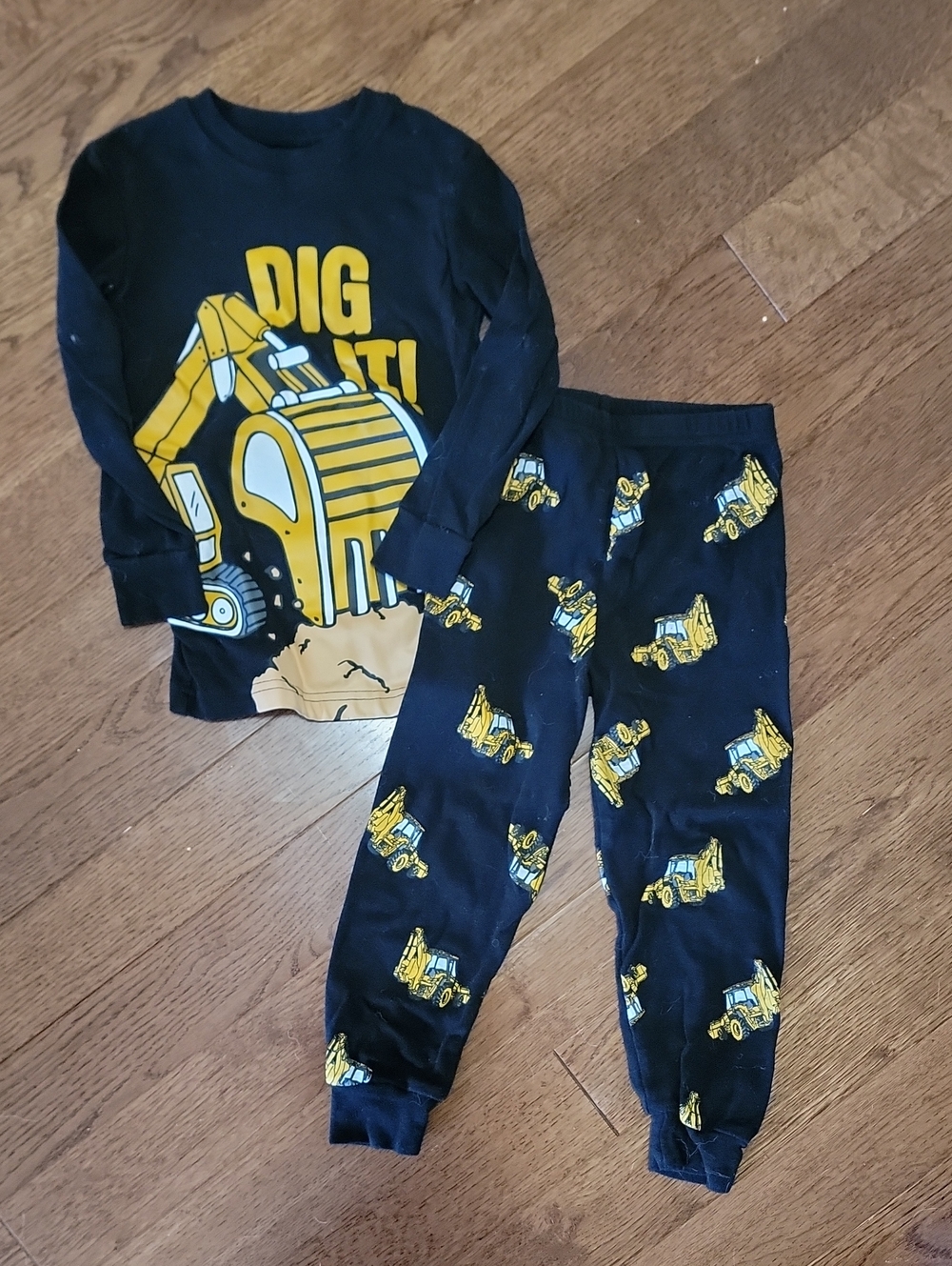 Kids Black & Yellow Excavator Pajama Set